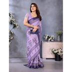 Women's Linen Cotton Printed Saree With Unstitched Blouse 5.5Mtr (Purple)