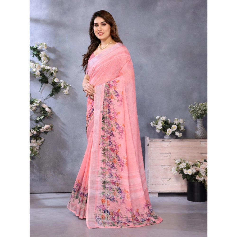 Women's Linen Cotton Printed Saree With Unstitched Blouse 5.5Mtr (Peach)