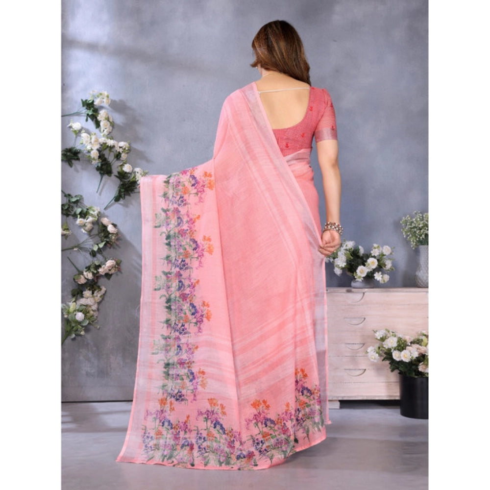 Women's Linen Cotton Printed Saree With Unstitched Blouse 5.5Mtr (Peach)