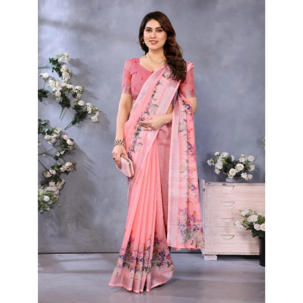 Women's Linen Cotton Printed Saree With Unstitched Blouse 5.5Mtr (Peach)