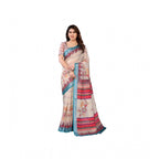 Women's Linen Cotton Printed Saree With Unstitched Blouse 5.5Mtr (Cream)