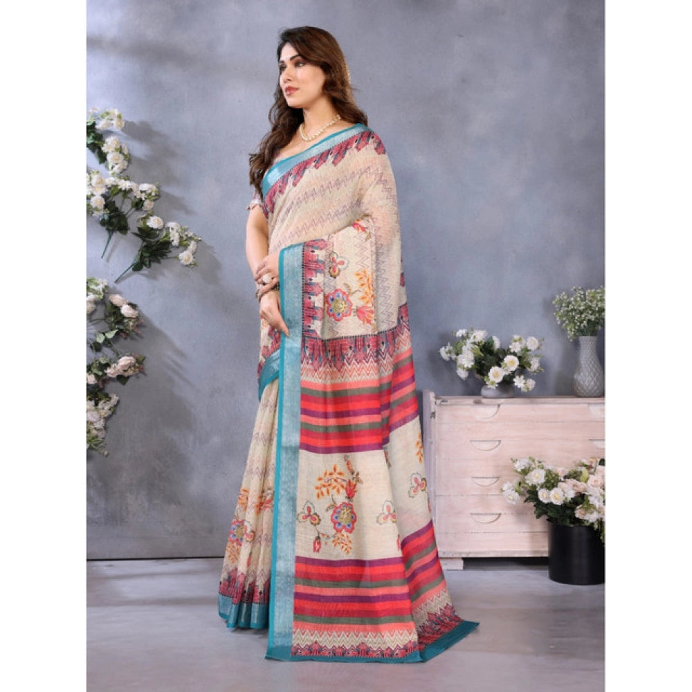 Women's Linen Cotton Printed Saree With Unstitched Blouse 5.5Mtr (Cream)