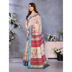 Women's Linen Cotton Printed Saree With Unstitched Blouse 5.5Mtr (Cream)