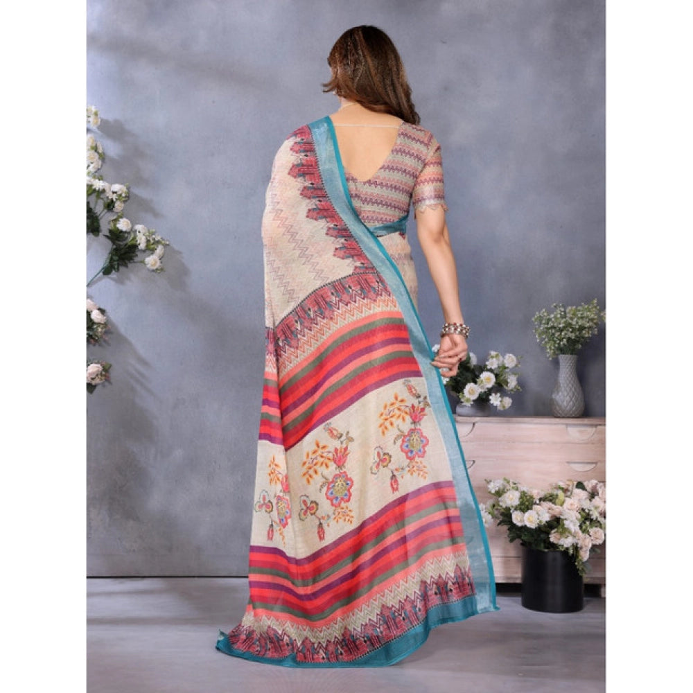 Women's Linen Cotton Printed Saree With Unstitched Blouse 5.5Mtr (Cream)