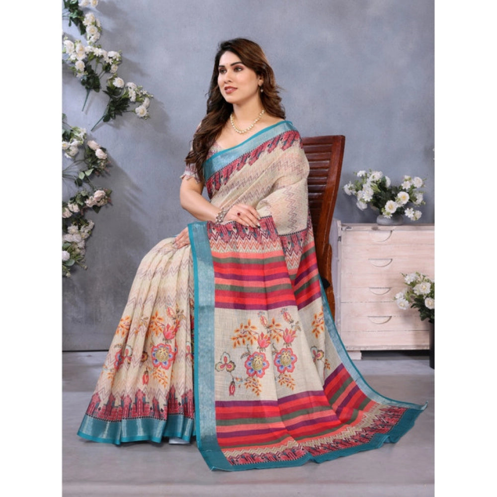 Women's Linen Cotton Printed Saree With Unstitched Blouse 5.5Mtr (Cream)