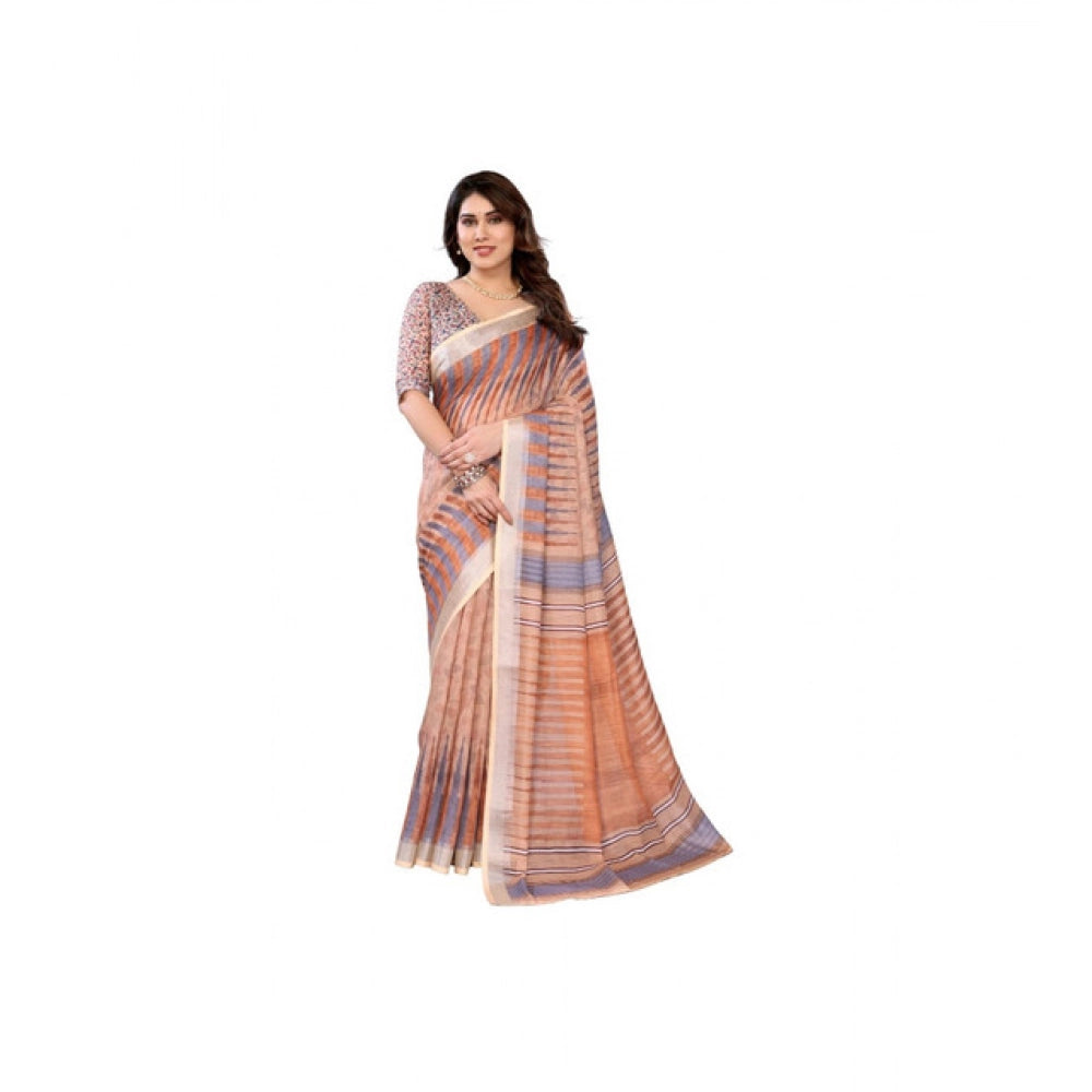 Women's Linen Cotton Printed Saree With Unstitched Blouse 5.5Mtr (Brown)