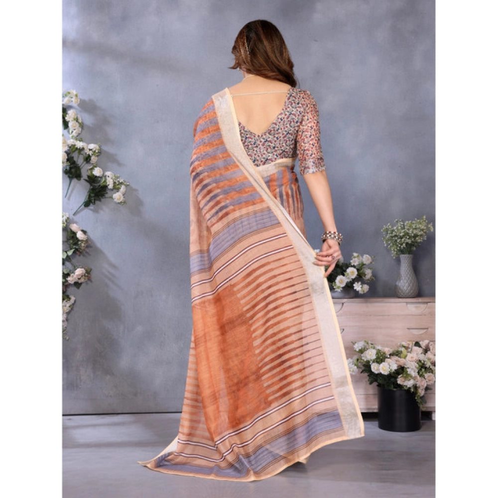Women's Linen Cotton Printed Saree With Unstitched Blouse 5.5Mtr (Brown)