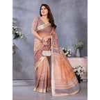 Women's Linen Cotton Printed Saree With Unstitched Blouse 5.5Mtr (Brown)