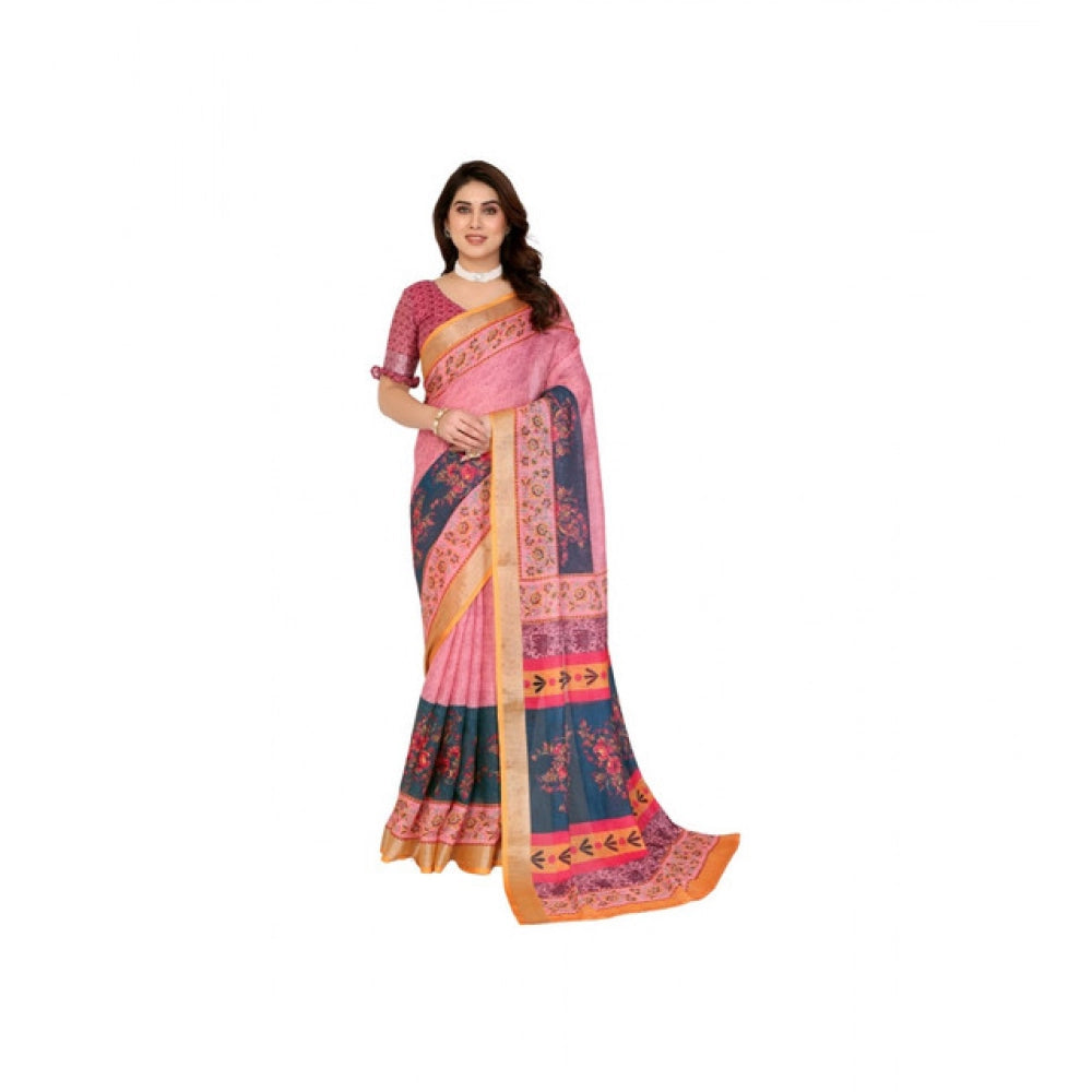 Women's Linen Cotton Printed Saree With Unstitched Blouse 5.5Mtr (Pink)