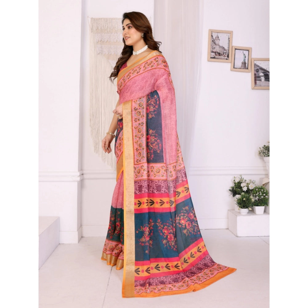 Women's Linen Cotton Printed Saree With Unstitched Blouse 5.5Mtr (Pink)