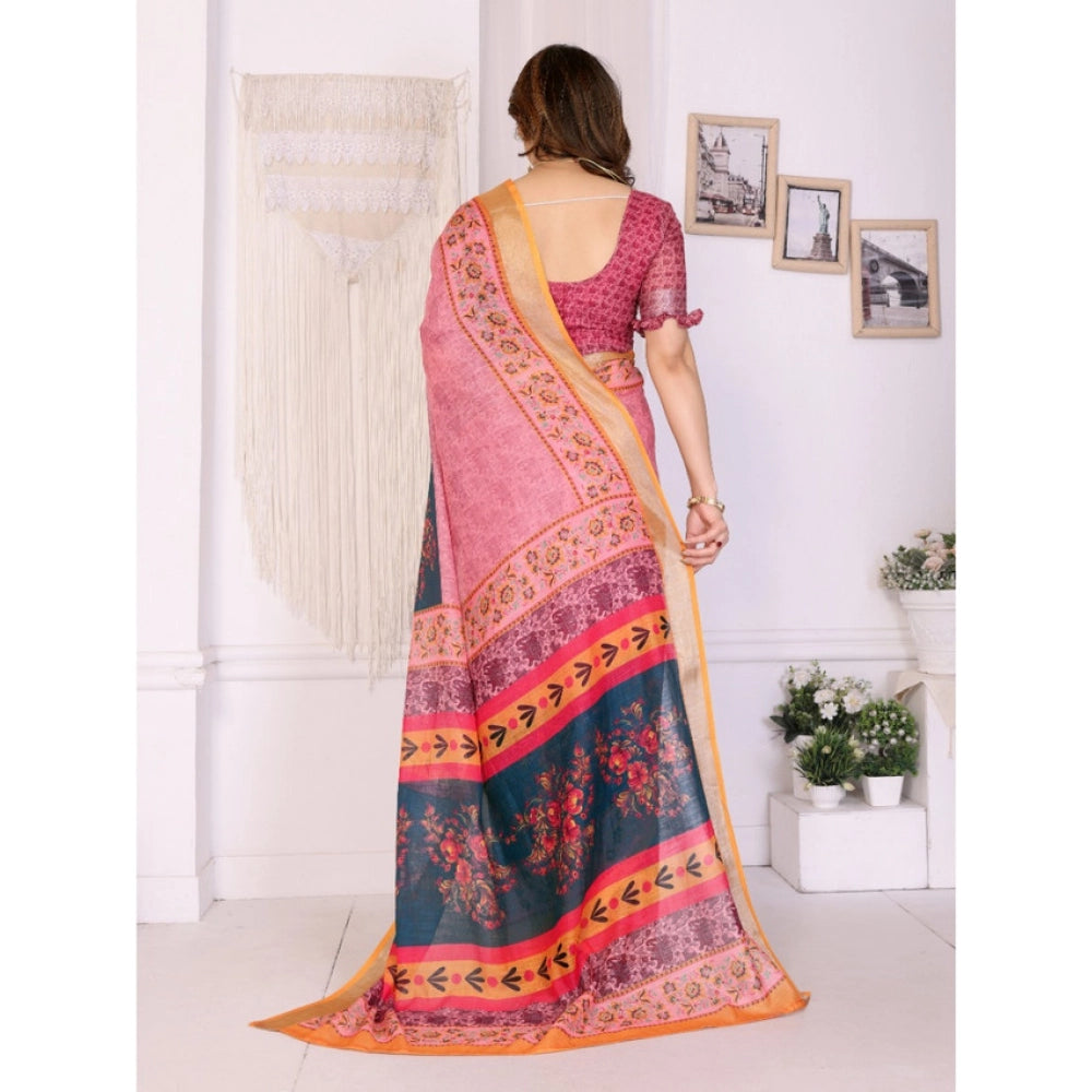 Women's Linen Cotton Printed Saree With Unstitched Blouse 5.5Mtr (Pink)