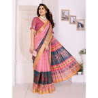 Women's Linen Cotton Printed Saree With Unstitched Blouse 5.5Mtr (Pink)