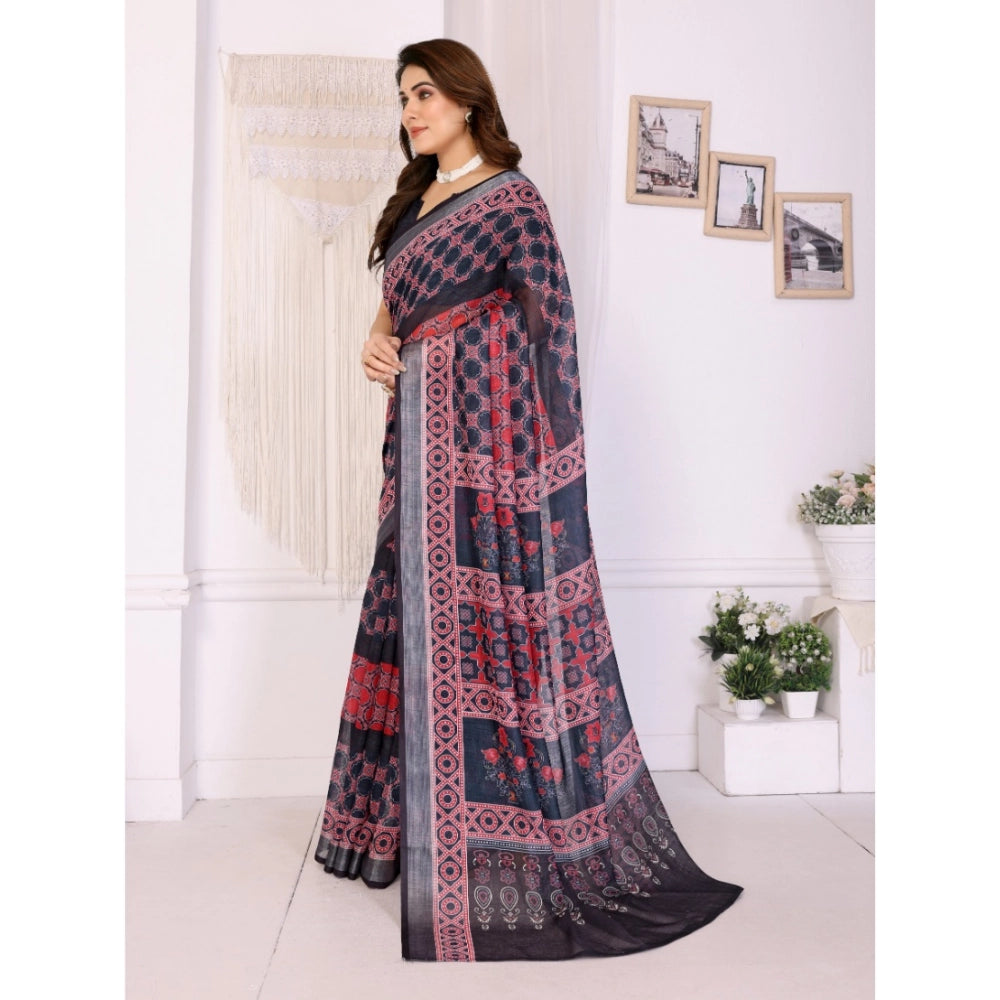 Women's Linen Cotton Printed Saree With Unstitched Blouse 5.5Mtr (Black)