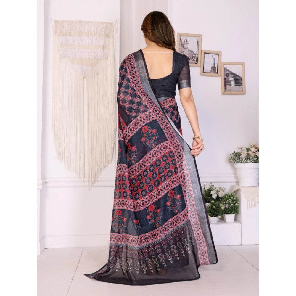 Women's Linen Cotton Printed Saree With Unstitched Blouse 5.5Mtr (Black)