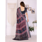 Women's Linen Cotton Printed Saree With Unstitched Blouse 5.5Mtr (Black)
