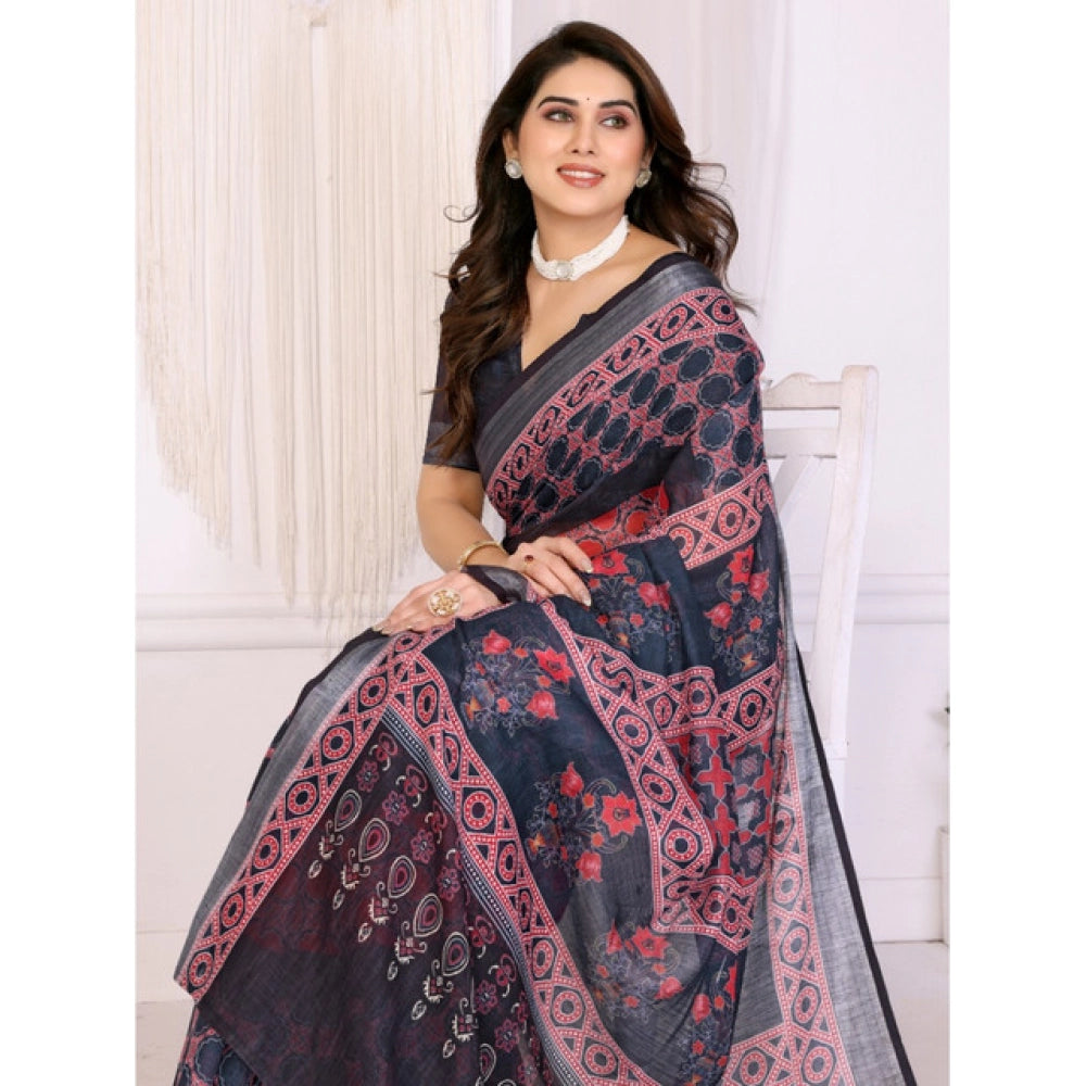 Women's Linen Cotton Printed Saree With Unstitched Blouse 5.5Mtr (Black)