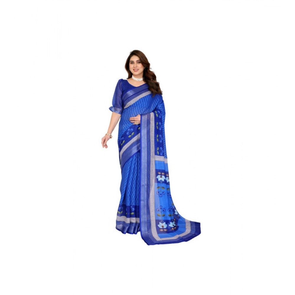 Women's Linen Cotton Printed Saree With Unstitched Blouse 5.5Mtr (Blue)