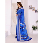 Women's Linen Cotton Printed Saree With Unstitched Blouse 5.5Mtr (Blue)