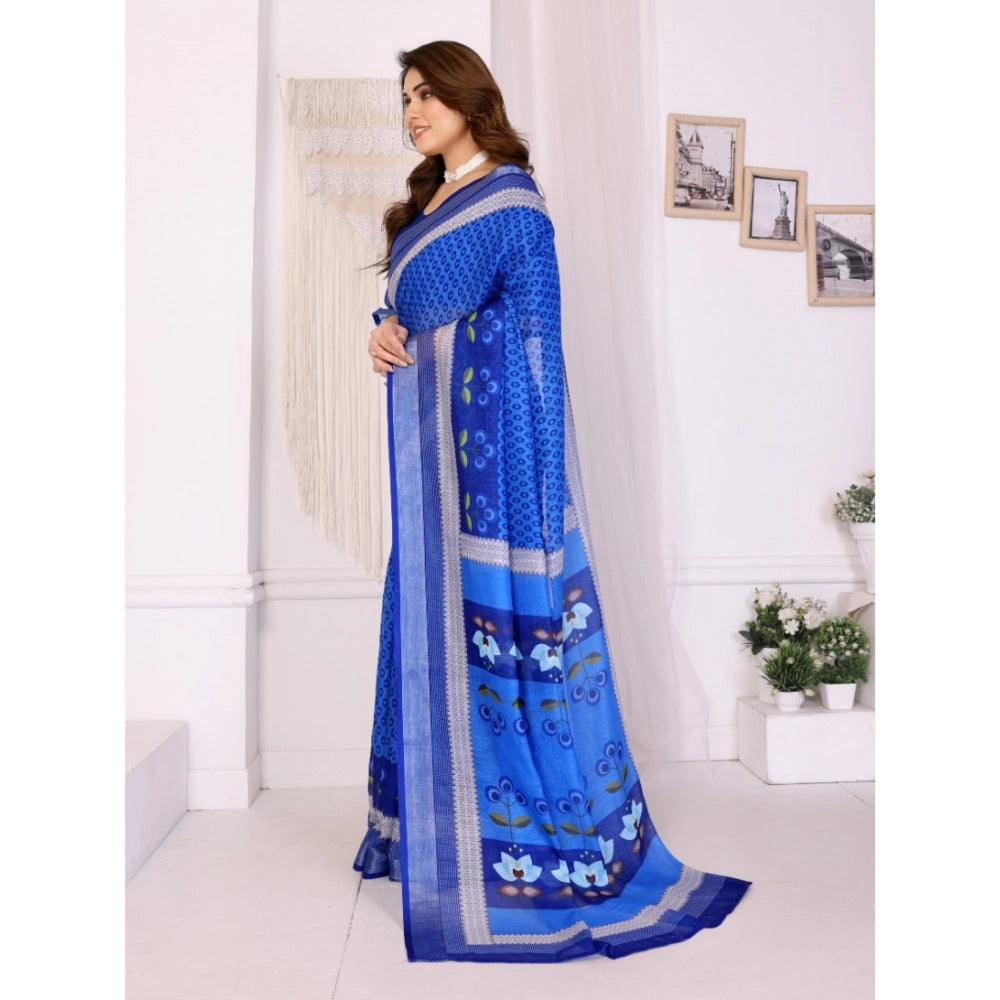 Women's Linen Cotton Printed Saree With Unstitched Blouse 5.5Mtr (Blue)