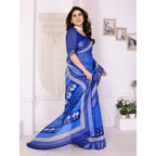 Women's Linen Cotton Printed Saree With Unstitched Blouse 5.5Mtr (Blue)