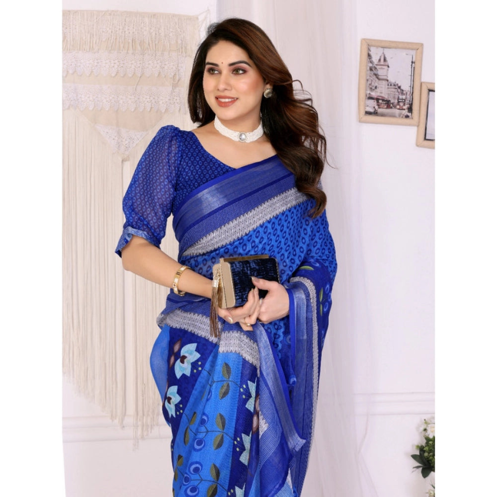 Women's Linen Cotton Printed Saree With Unstitched Blouse 5.5Mtr (Blue)