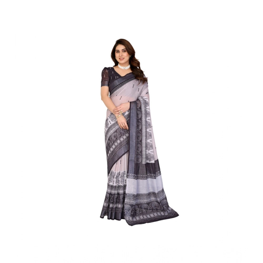 Women's Linen Cotton Printed Saree With Unstitched Blouse 5.5Mtr (White &amp; Black)