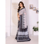 Women's Linen Cotton Printed Saree With Unstitched Blouse 5.5Mtr (White &amp; Black)