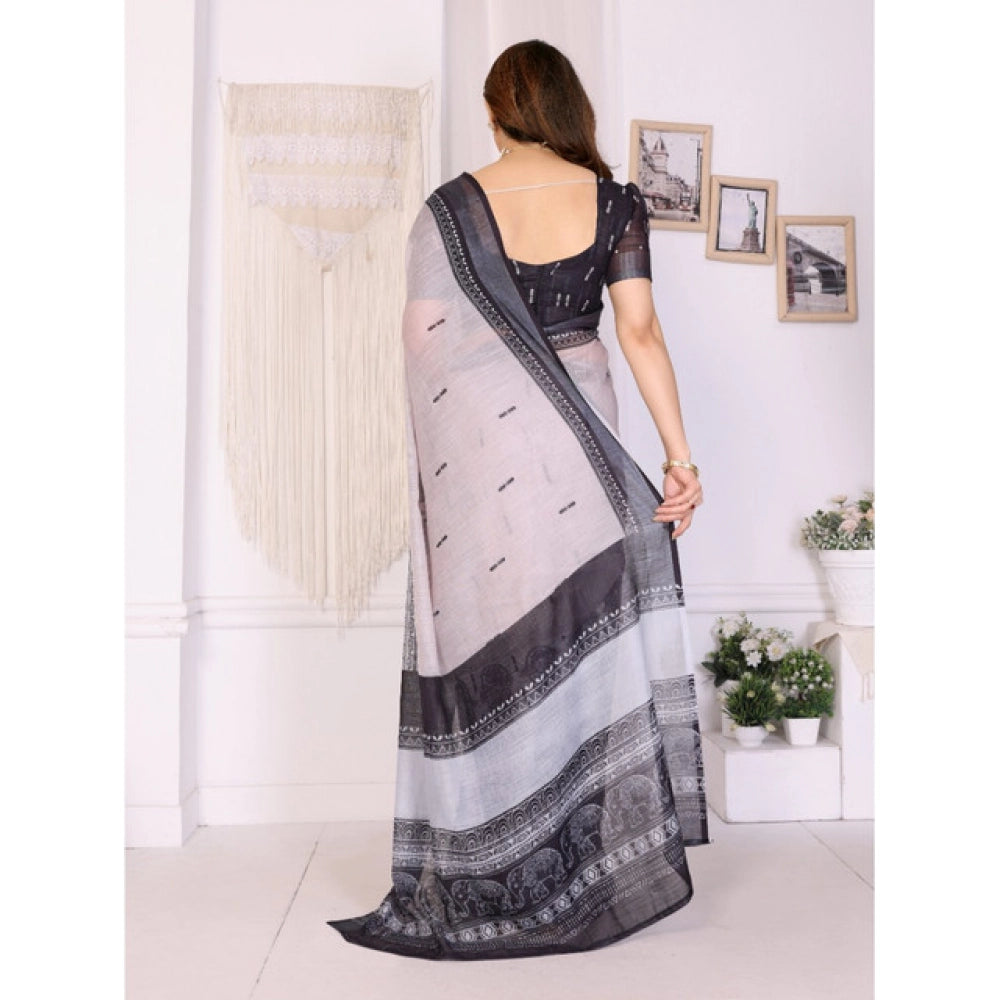 Women's Linen Cotton Printed Saree With Unstitched Blouse 5.5Mtr (White &amp; Black)
