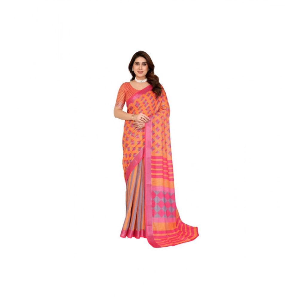 Women's Linen Cotton Printed Saree With Unstitched Blouse 5.5Mtr (Orange )