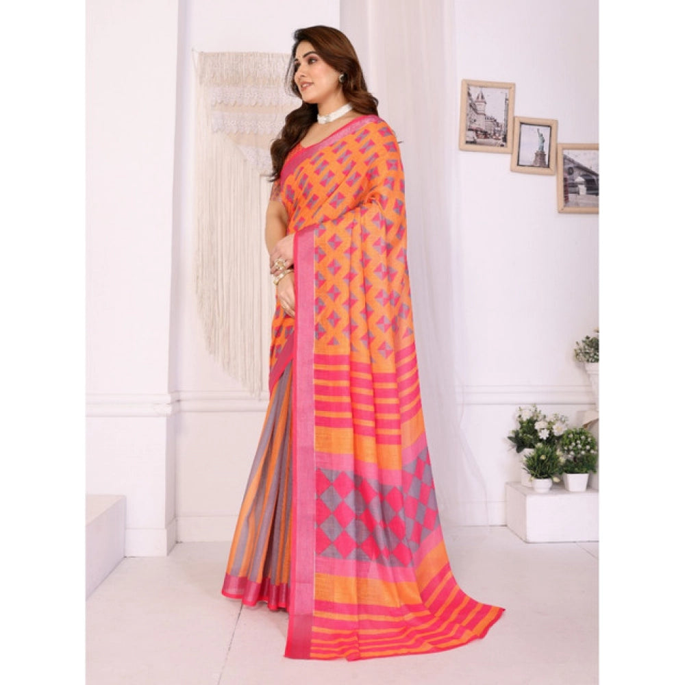 Women's Linen Cotton Printed Saree With Unstitched Blouse 5.5Mtr (Orange )