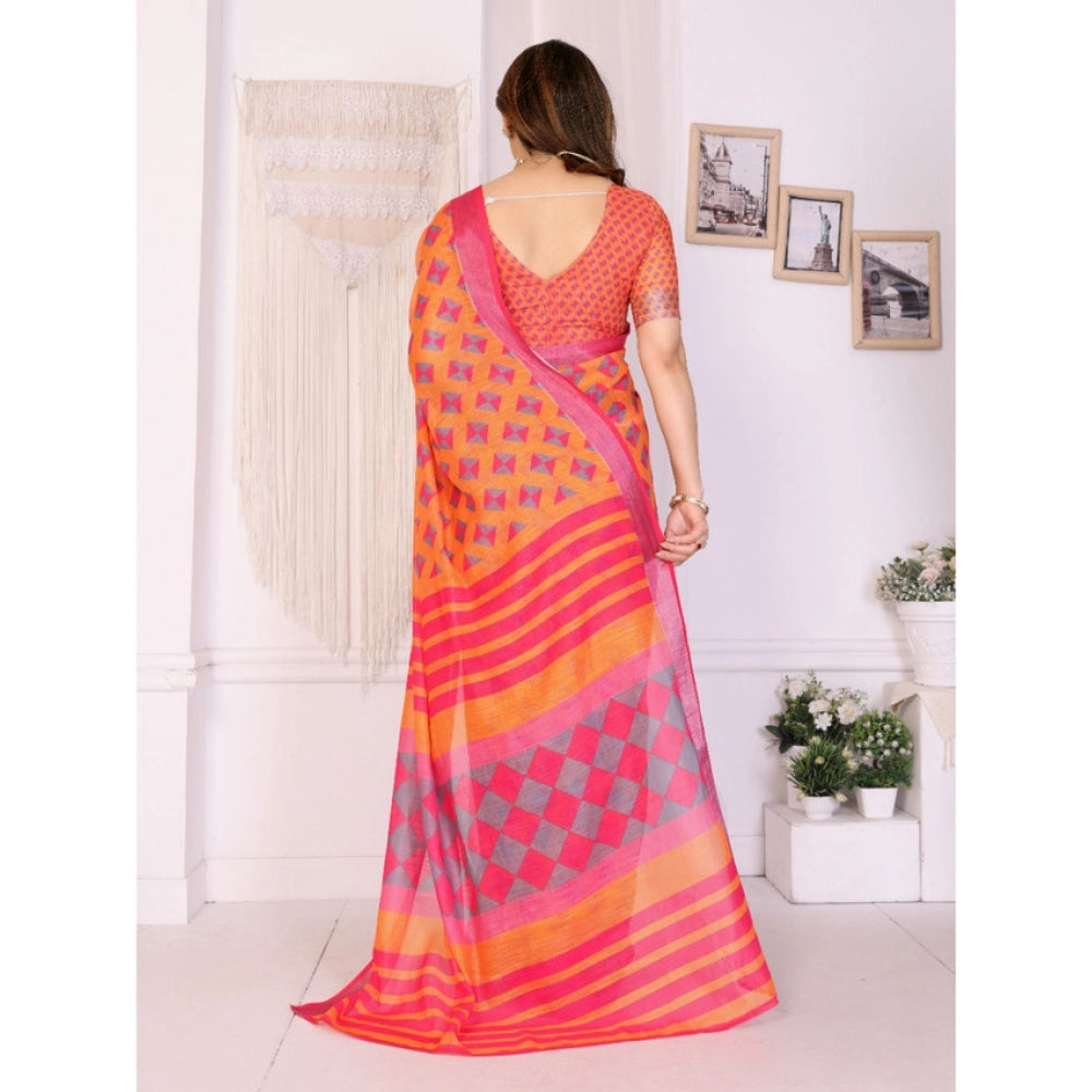 Women's Linen Cotton Printed Saree With Unstitched Blouse 5.5Mtr (Orange )