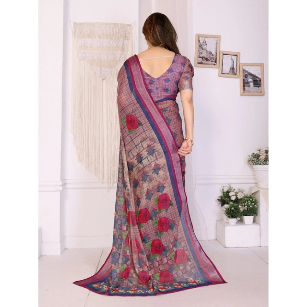 Women's Linen Cotton Printed Saree With Unstitched Blouse 5.5Mtr (Wine )