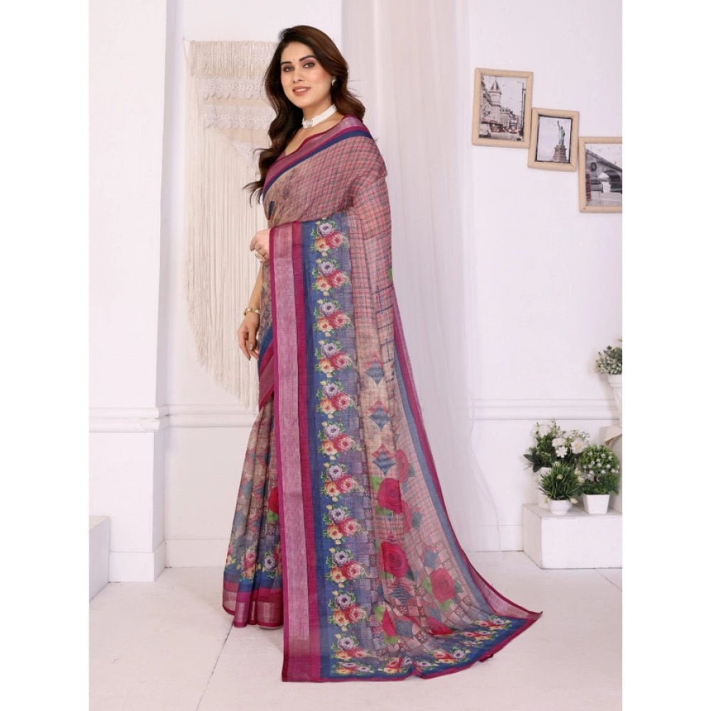 Women's Linen Cotton Printed Saree With Unstitched Blouse 5.5Mtr (Wine )