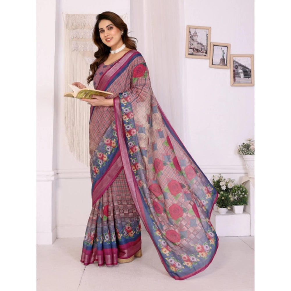 Women's Linen Cotton Printed Saree With Unstitched Blouse 5.5Mtr (Wine )