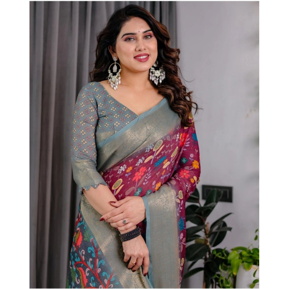 Women's Linen Printed Saree With Unstitched Blouse 5.5Mtr (Purple)