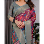 Women's Linen Printed Saree With Unstitched Blouse 5.5Mtr (Purple)