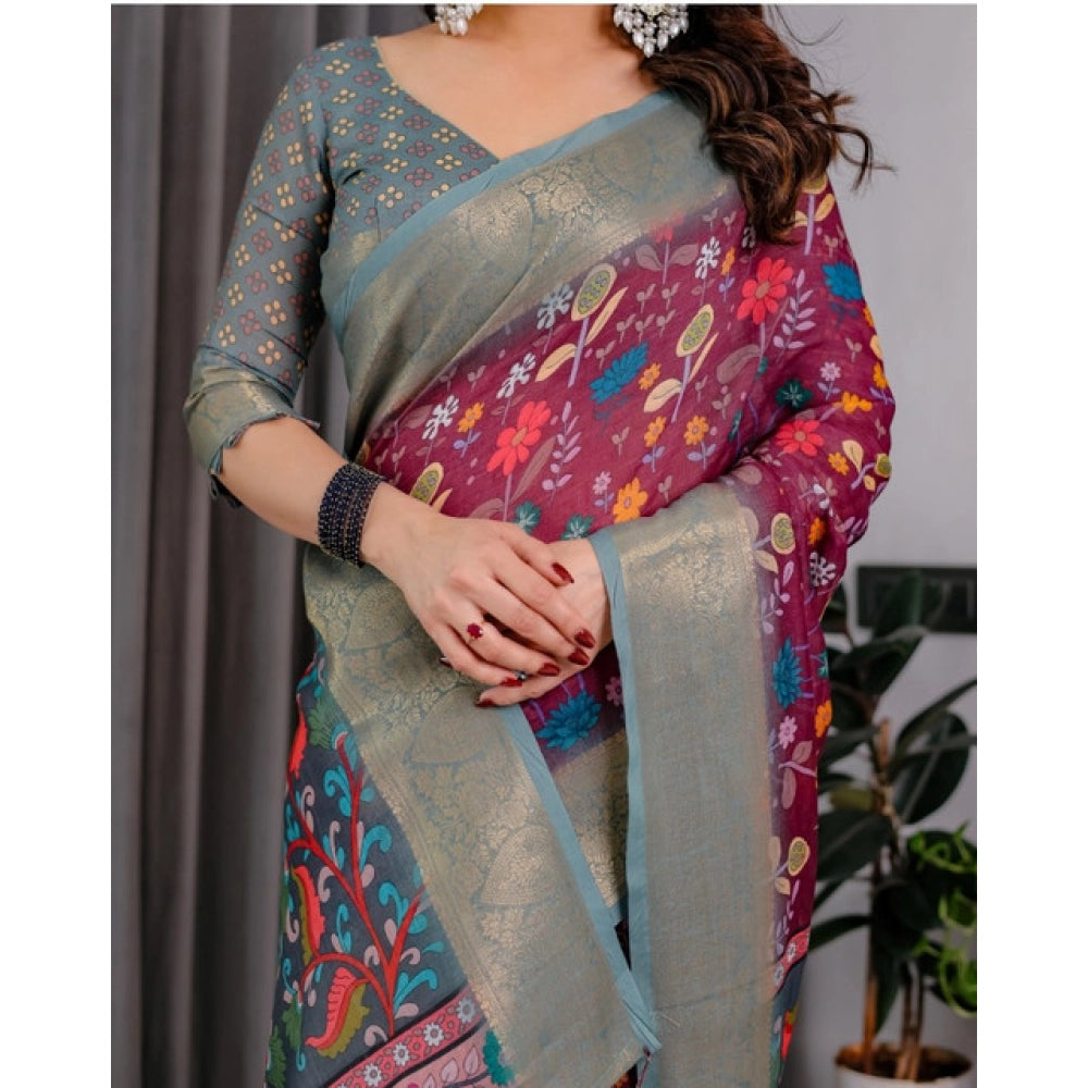 Women's Linen Printed Saree With Unstitched Blouse 5.5Mtr (Purple)