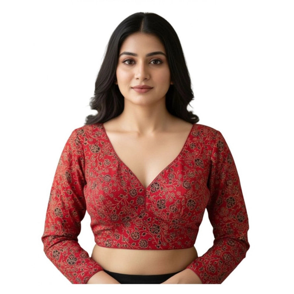 Women's Ajrakh Cotton Printed V-Neck Padded Blouse (Red 38 Ready (Self Alterable 36–40)