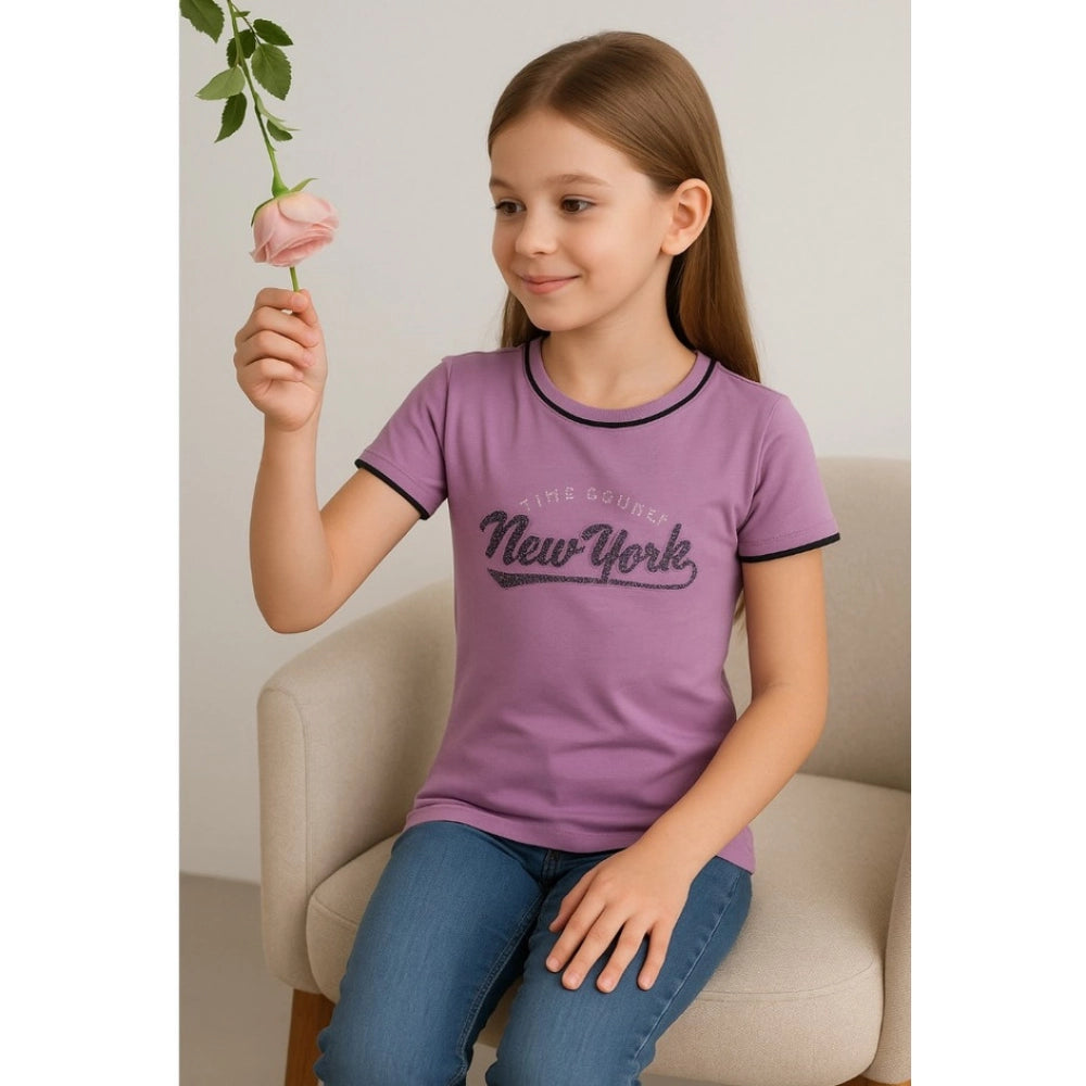 Girl's Cotton Printeded Round Neck T-Shirt (Lavander)
