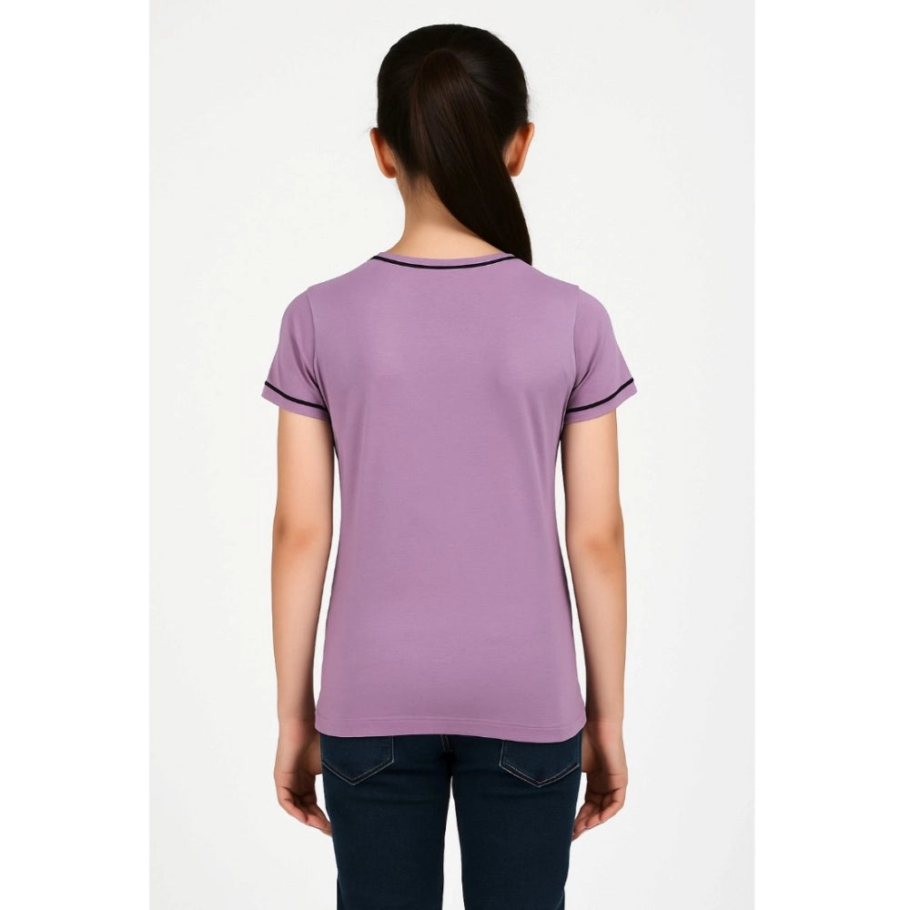Girl's Cotton Printeded Round Neck T-Shirt (Lavander)