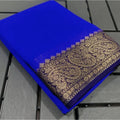 Women's Crepe Chit Pallu Solid Saree With Unstitched Blouse 5.5Mtr (Navy Blue)