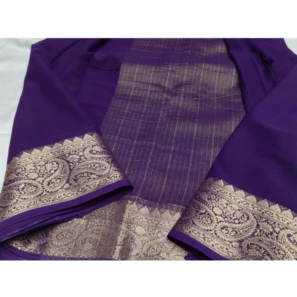 Women's Crepe Chit Pallu Solid Saree With Unstitched Blouse 5.5Mtr (Purple)