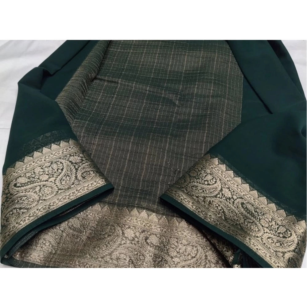 Women's Crepe Chit Pallu Solid Saree With Unstitched Blouse 5.5Mtr (Bottle Green)