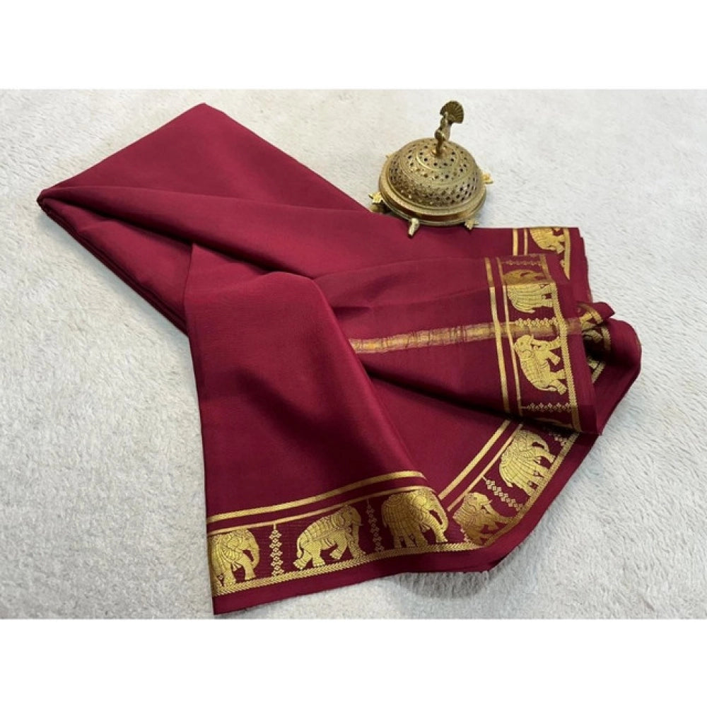 Women's Crepe Chit Pallu Solid Saree With Unstitched Blouse 5.5Mtr (Maroon)