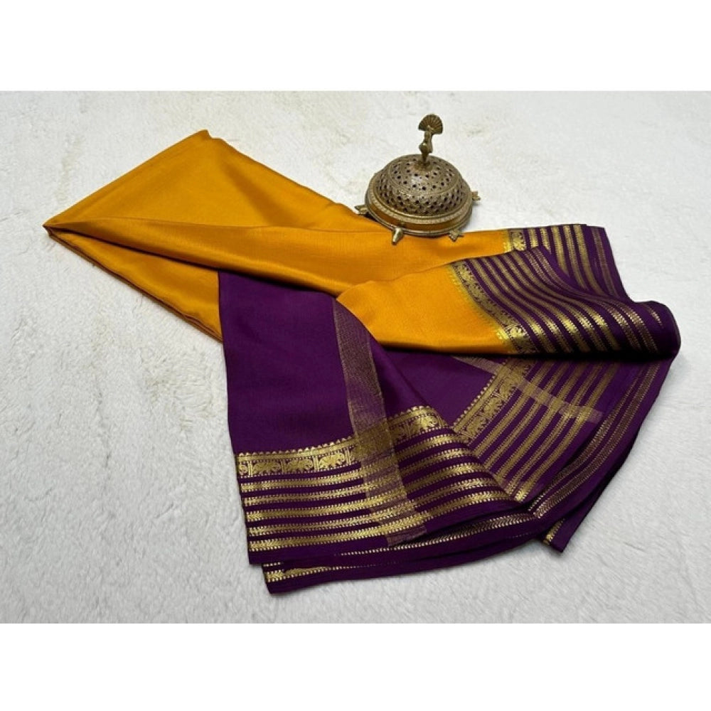 Women's Crepe Chit Pallu Solid Saree With Unstitched Blouse 5.5Mtr (Gold)