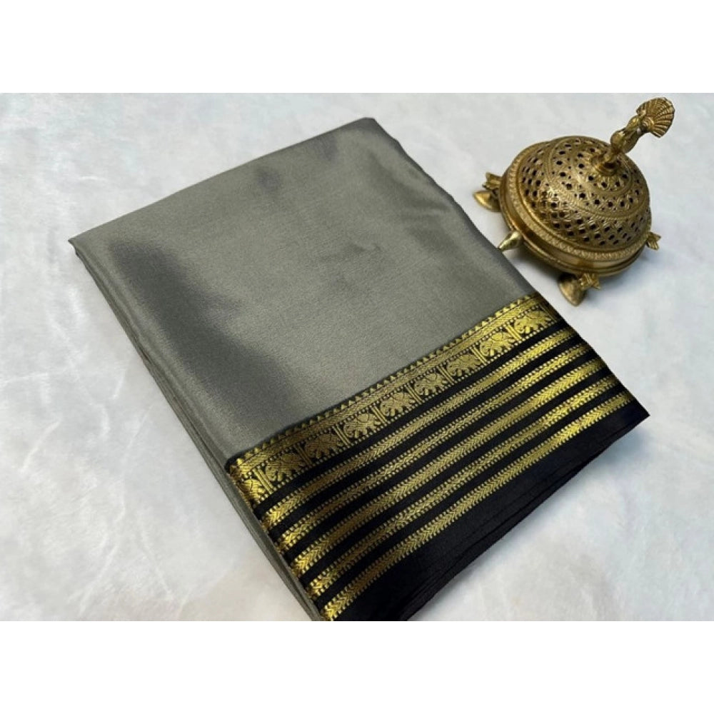 Women's Crepe Chit Pallu Solid Saree With Unstitched Blouse 5.5Mtr (Gray)