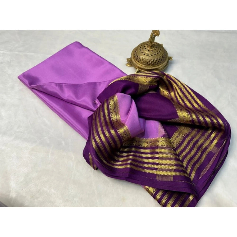Women's Crepe Chit Pallu Solid Saree With Unstitched Blouse 5.5Mtr (Dark Purple)