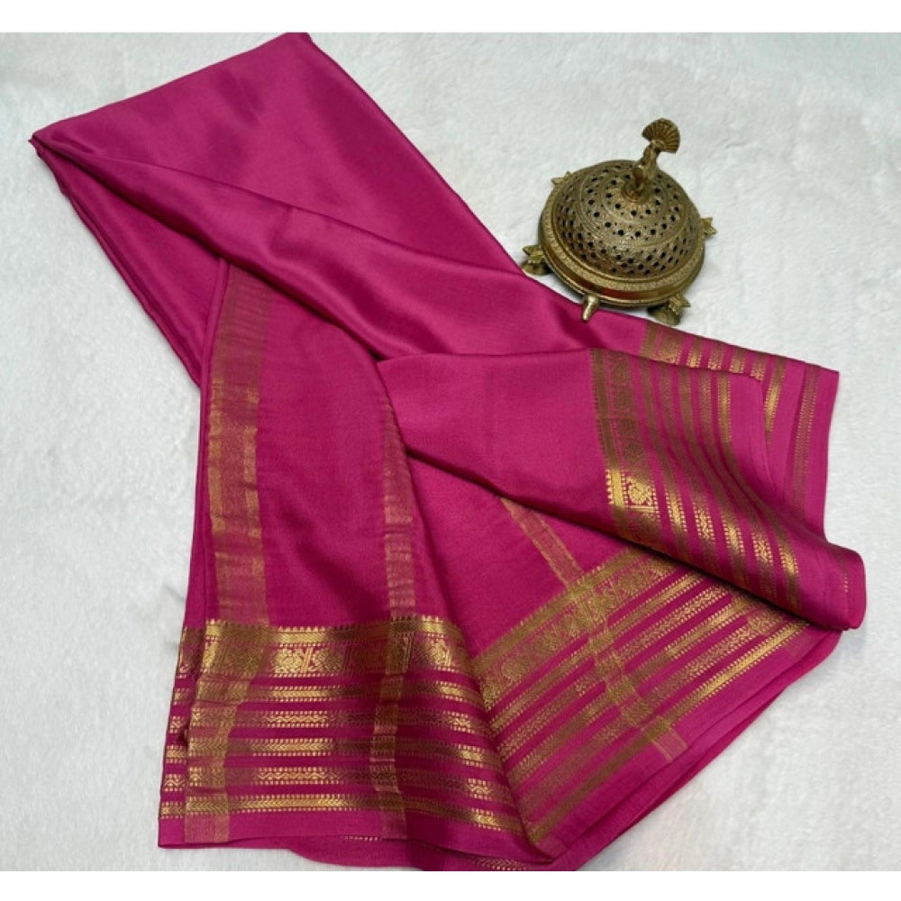 Women's Crepe Chit Pallu Solid Saree With Unstitched Blouse 5.5Mtr (Pink)