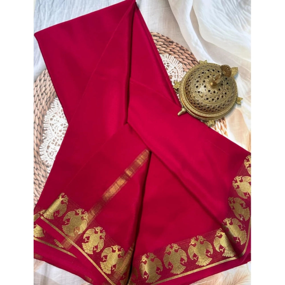 Women's Crepe Chit Pallu Solid Saree With Unstitched Blouse 5.5Mtr (Red)