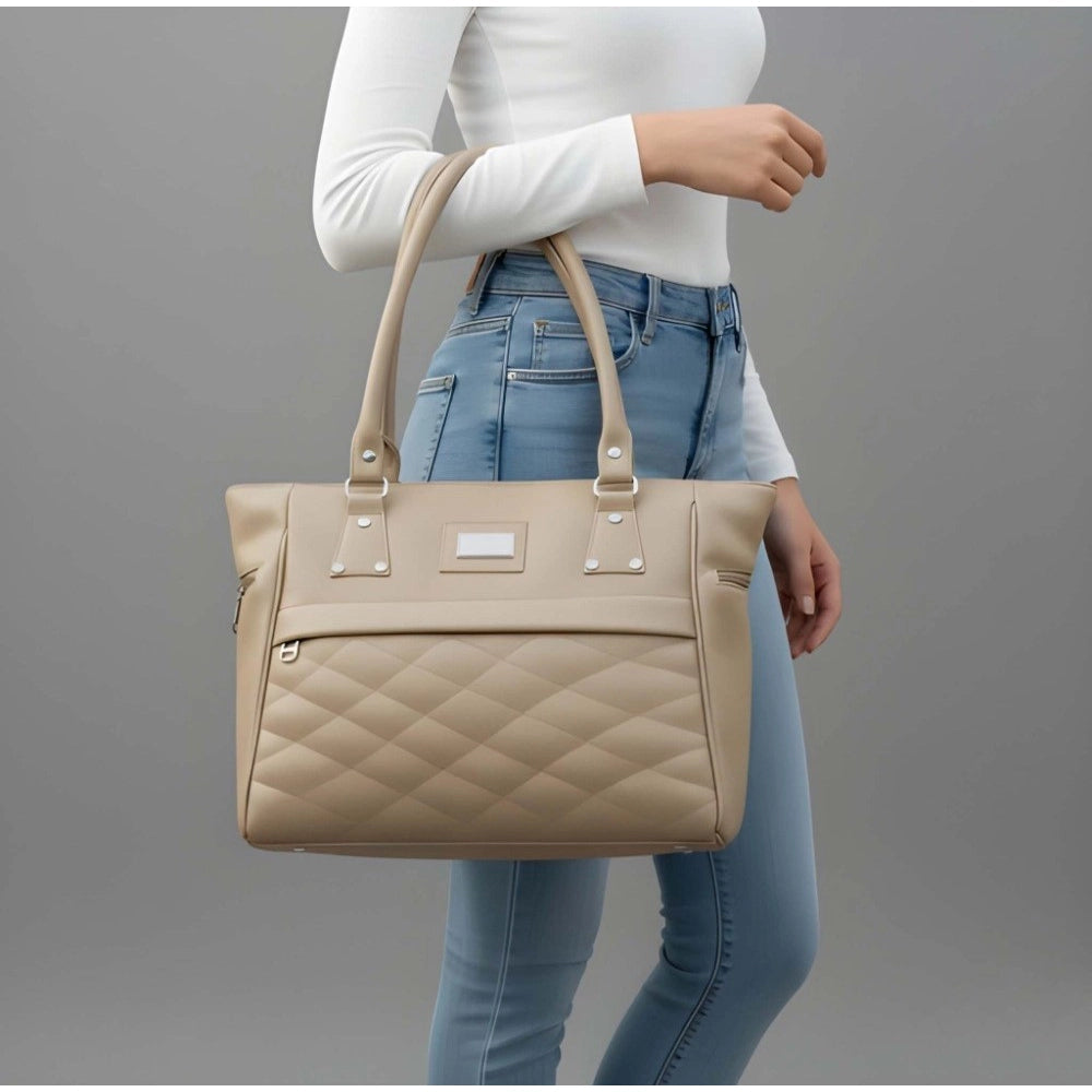 Women's PU Leather Solid Shoulder Zipper Handbag (Beige)